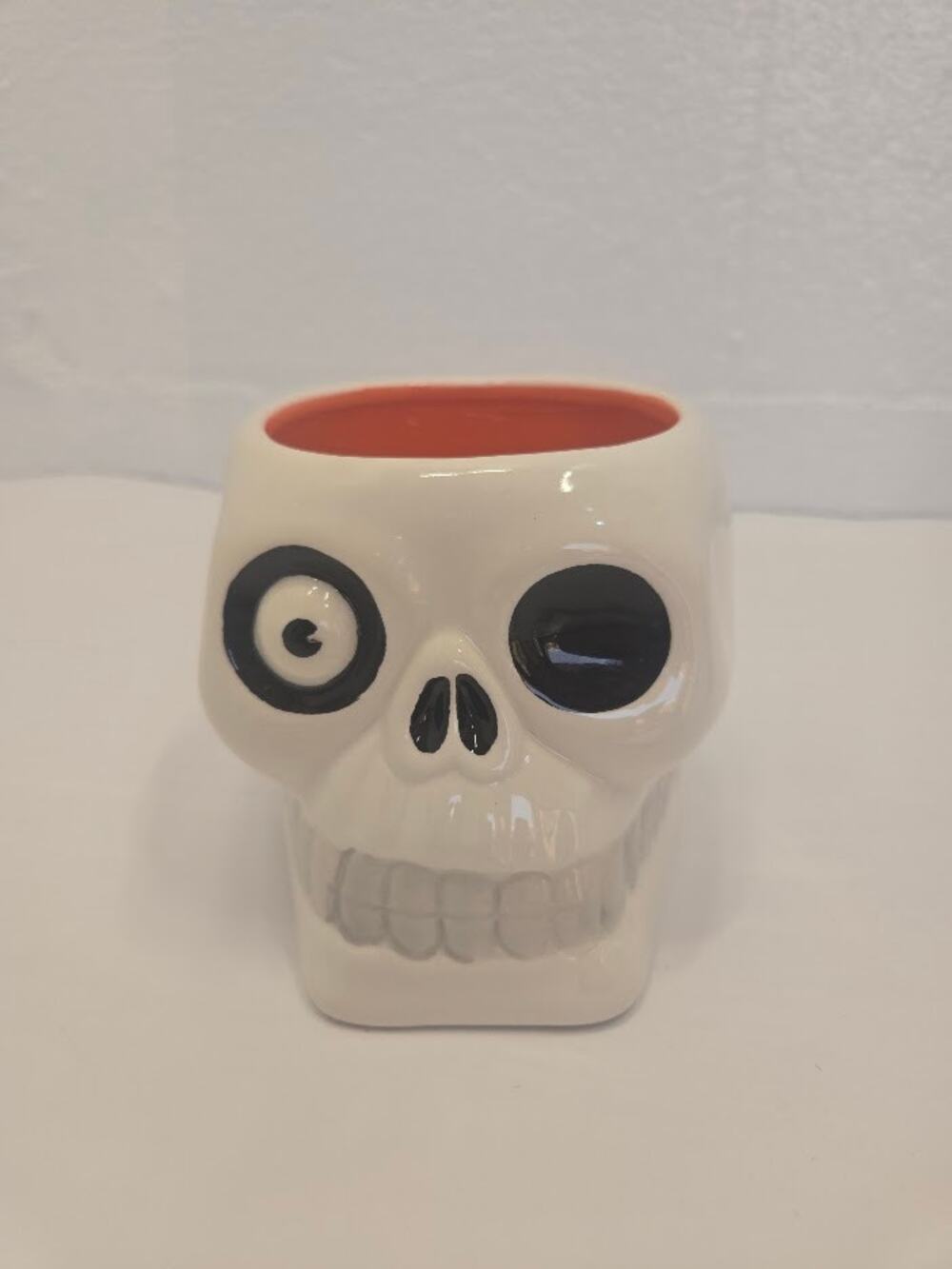Halloween One Eyed Skull Ceramic Bowl 6.3" White Black Spooky Decor